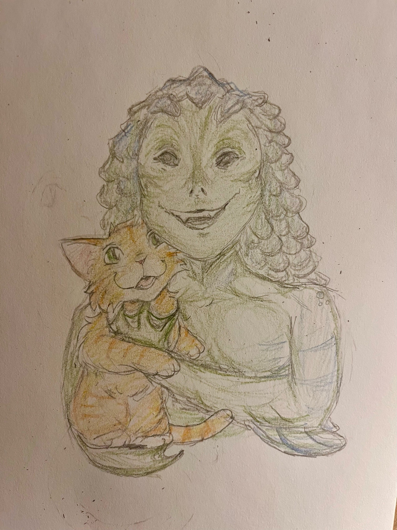 A picture drawn and colored on paper of a gillman smiling and holding a happy orange cat. Done by TigerFang318 on Tumblr